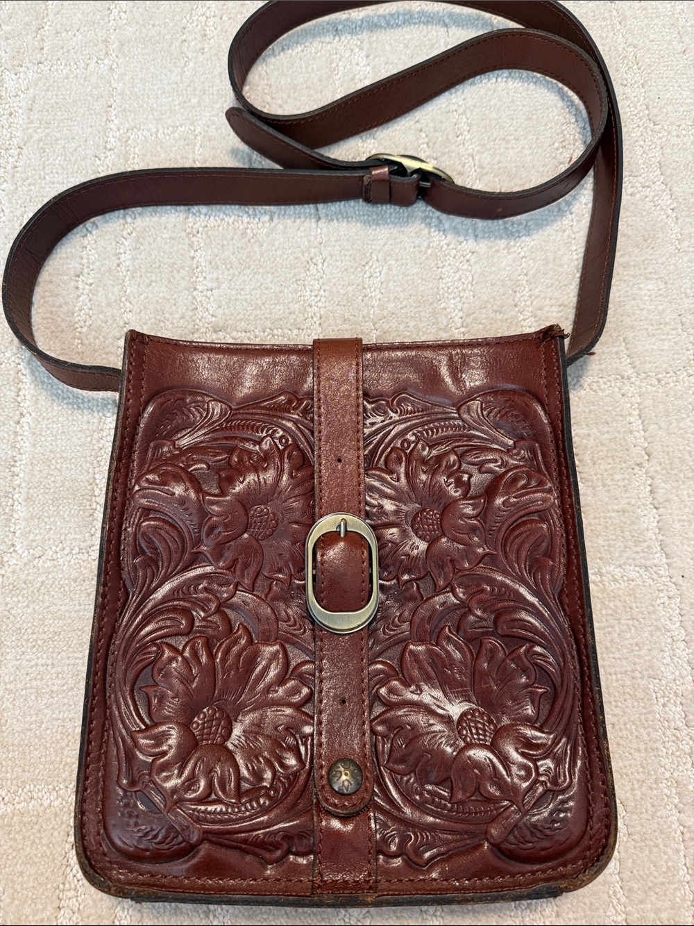 Patricia Nash Mahogany Brown Tooled Leather Crossbody Bag